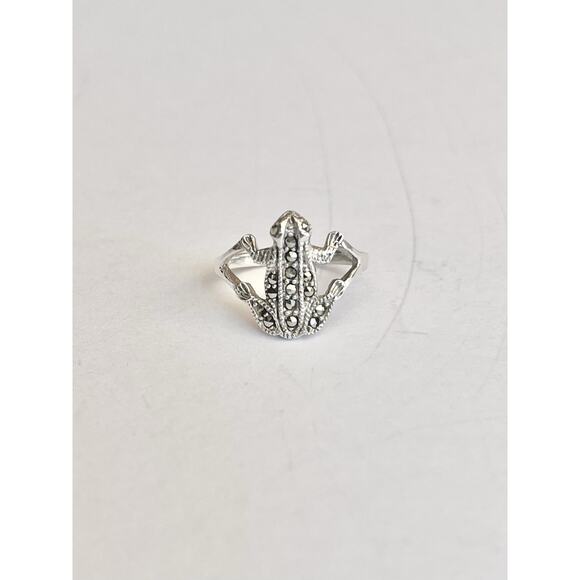 1980s Vintage .925 Sterling Silver & Marcasite Frog Ring Size 7.25 - Picture 2 of 5